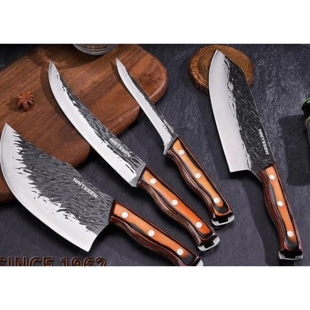 Kitchen Knives 4 Piece Hand Forged Chef Damascus Style Blades Wood Handle NIB